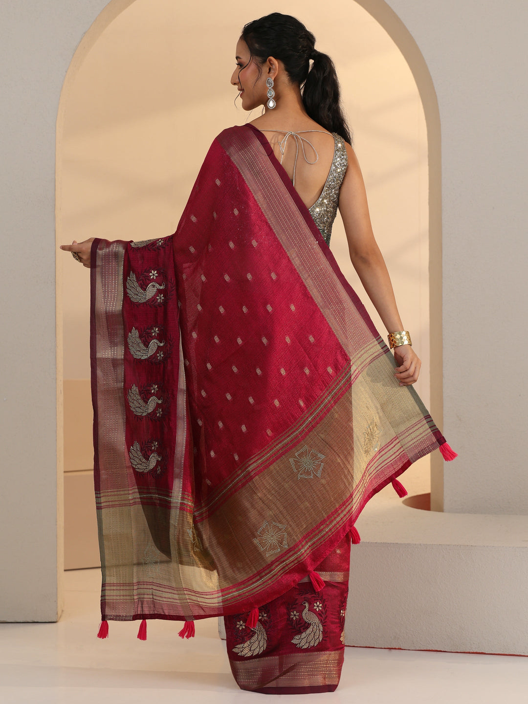  Libas Cranberry Pink Peacock Motif Chanderi Silk Saree 