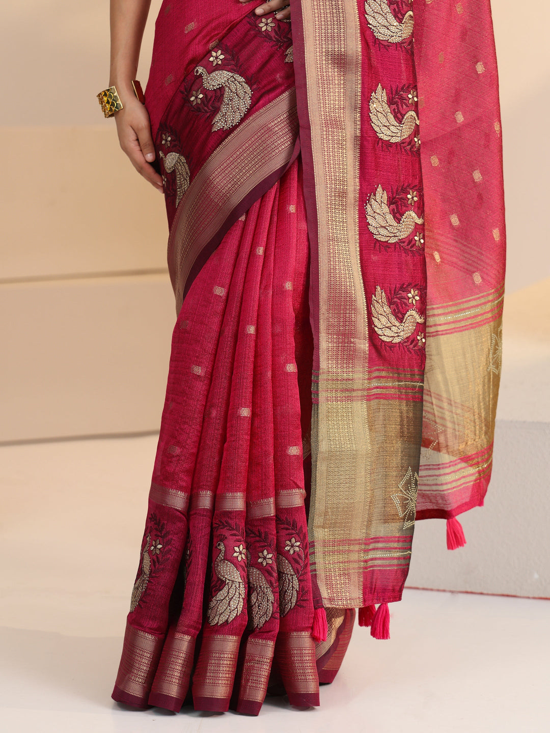  Libas Cranberry Pink Peacock Motif Chanderi Silk Saree 