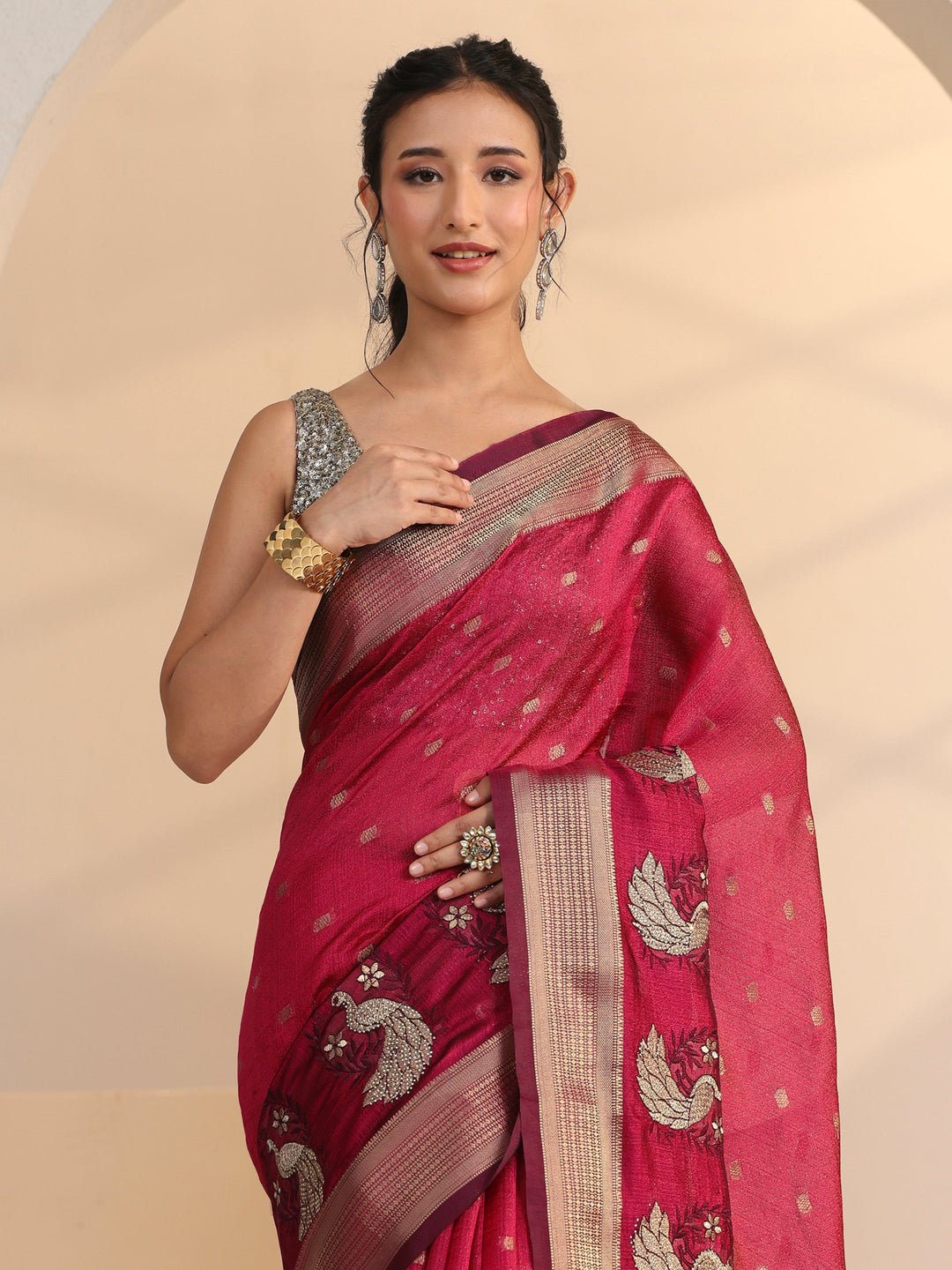  Libas Cranberry Pink Peacock Motif Chanderi Silk Saree 