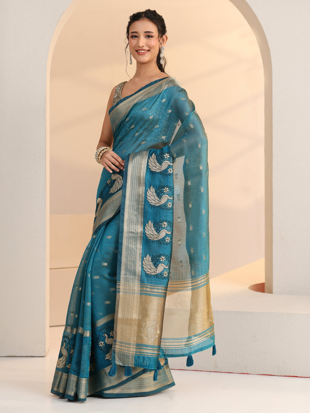  Libas Aqua Blue Peacock Motif Chanderi Silk Saree 
