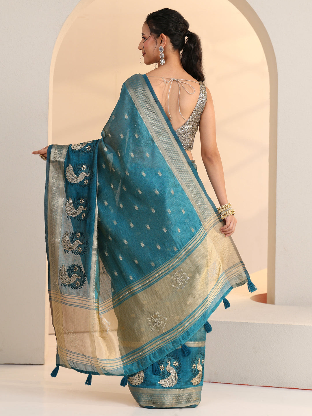  Libas Aqua Blue Peacock Motif Chanderi Silk Saree 