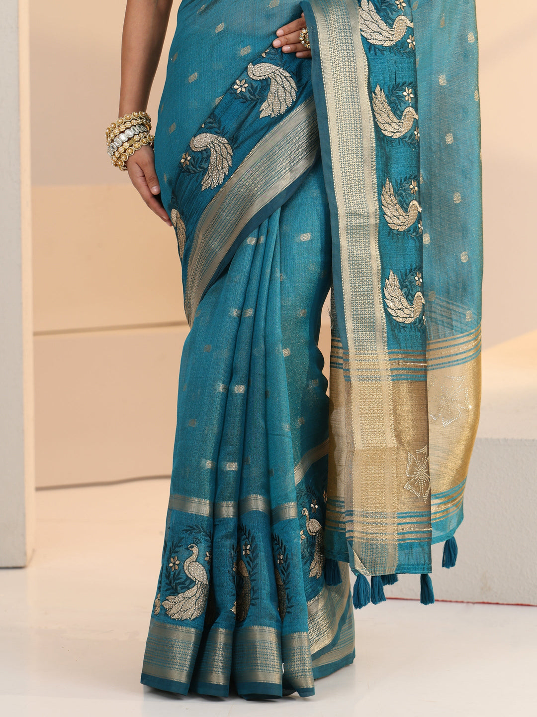  Libas Aqua Blue Peacock Motif Chanderi Silk Saree 
