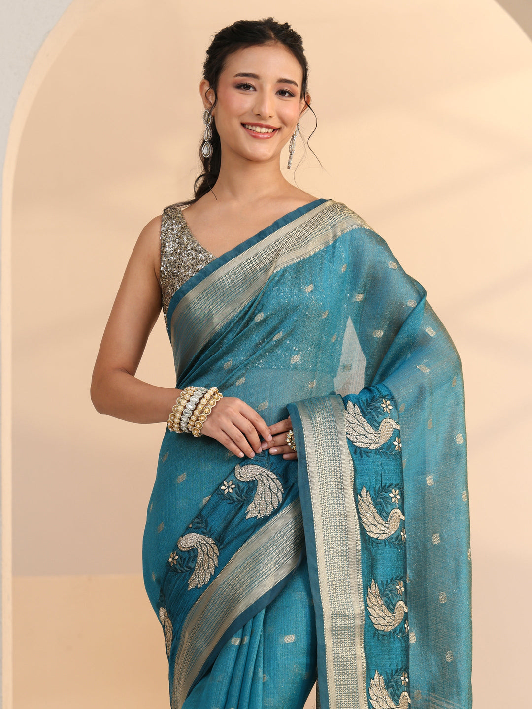  Libas Aqua Blue Peacock Motif Chanderi Silk Saree 