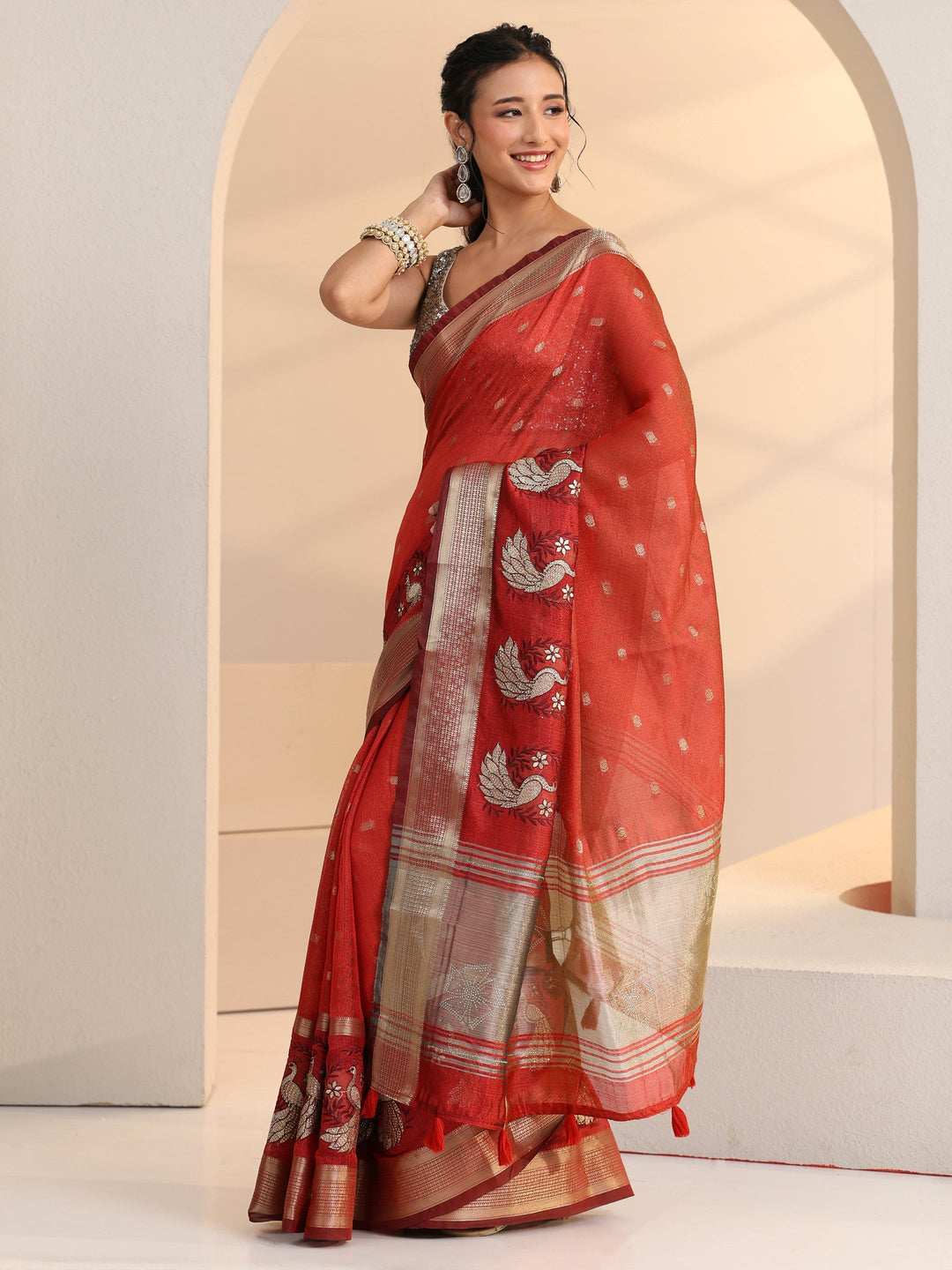  Libas Terracotta Red Peacock Motif Chanderi Silk Saree 