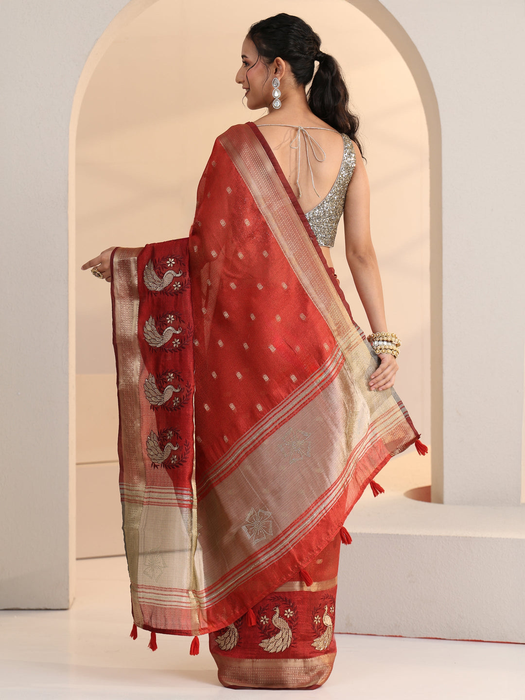  Libas Terracotta Red Peacock Motif Chanderi Silk Saree 