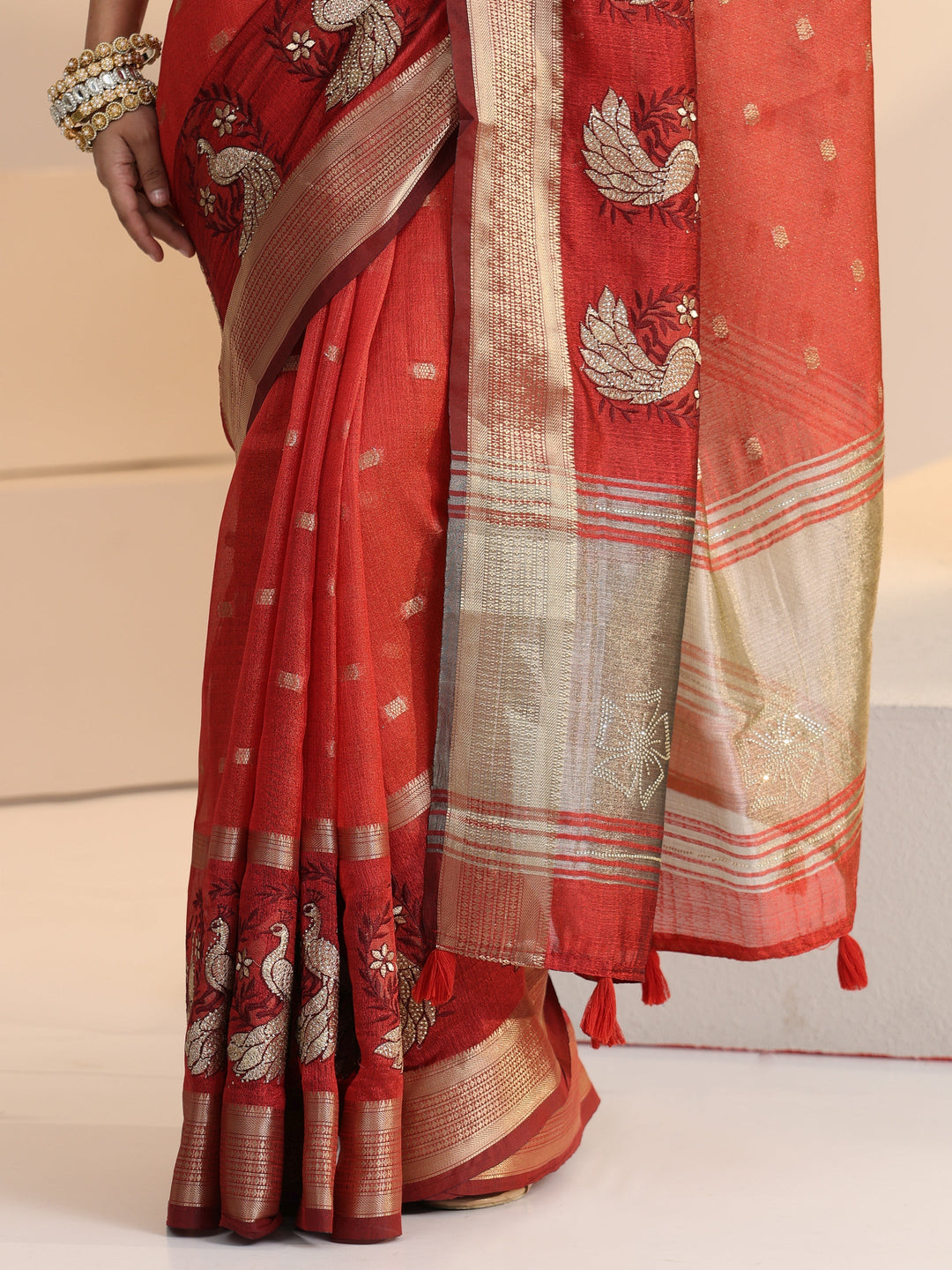  Libas Terracotta Red Peacock Motif Chanderi Silk Saree 