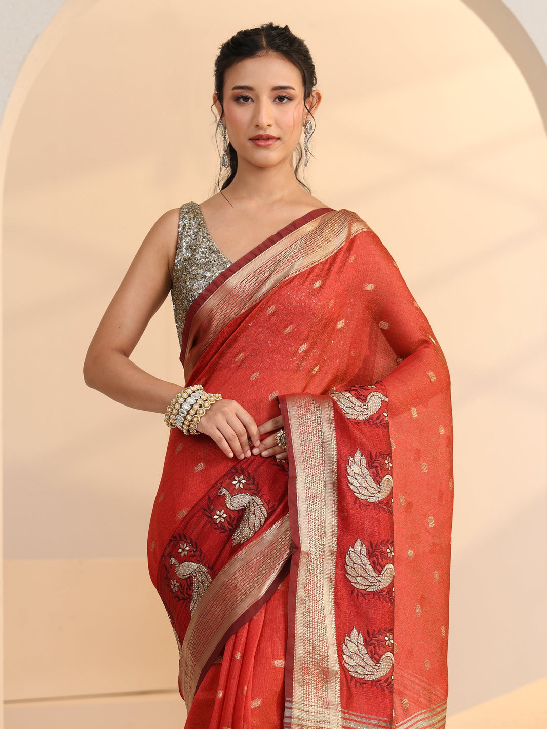  Libas Terracotta Red Peacock Motif Chanderi Silk Saree 