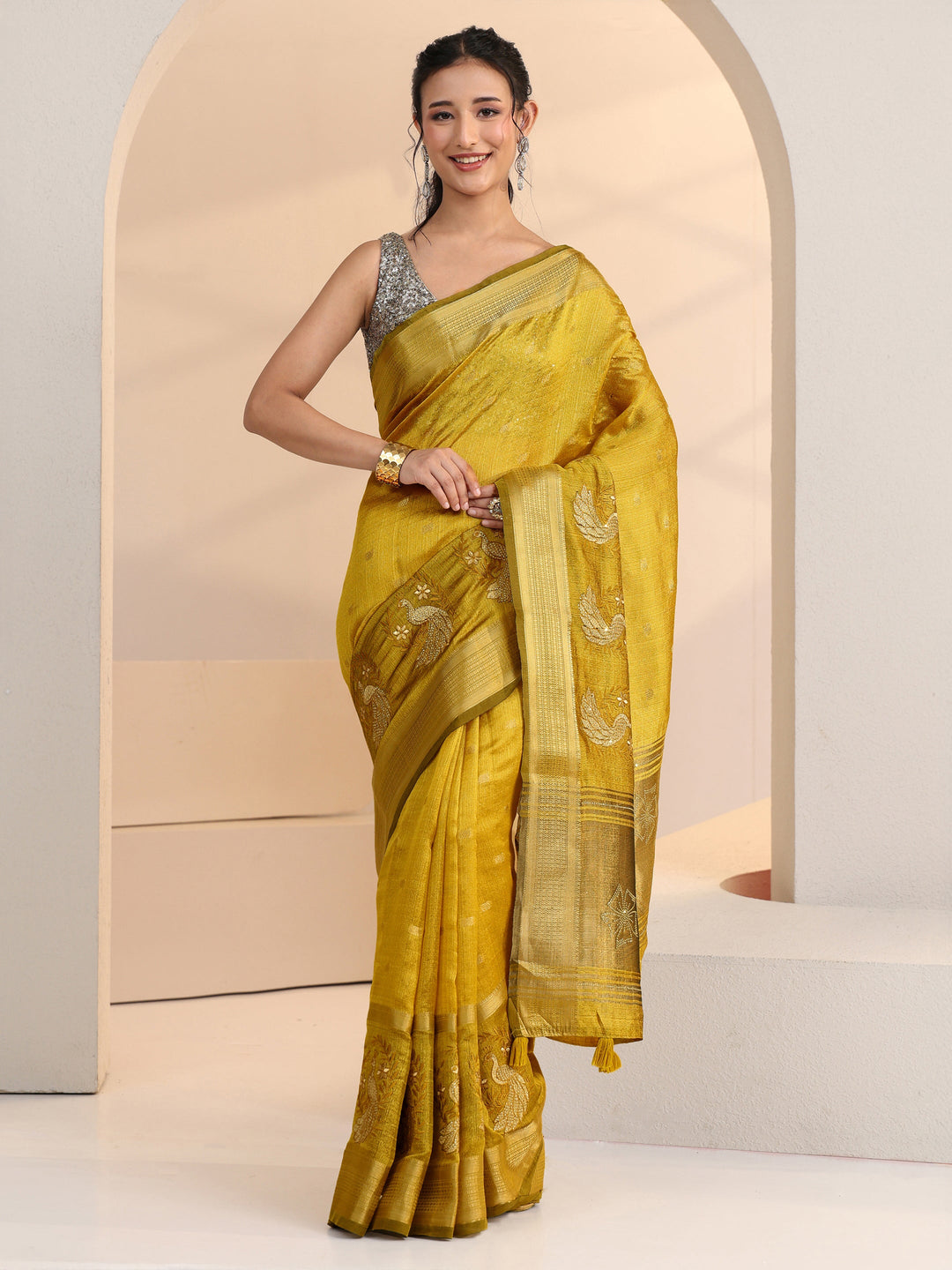  Libas Henna Green Peacock Motif Chanderi Silk Saree 