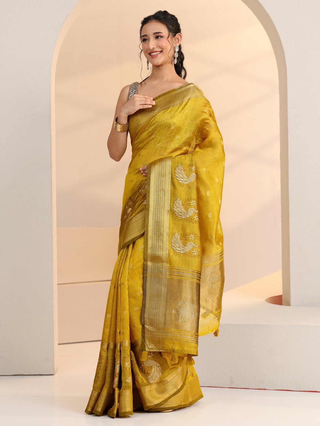  Libas Henna Green Peacock Motif Chanderi Silk Saree 