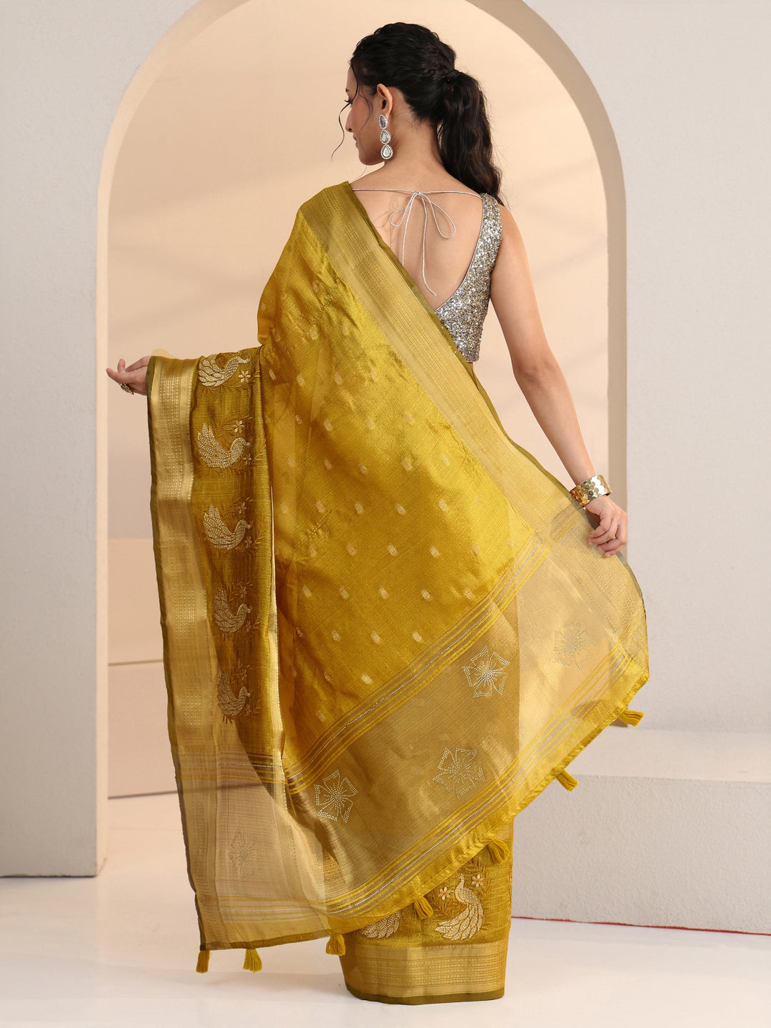  Libas Henna Green Peacock Motif Chanderi Silk Saree 