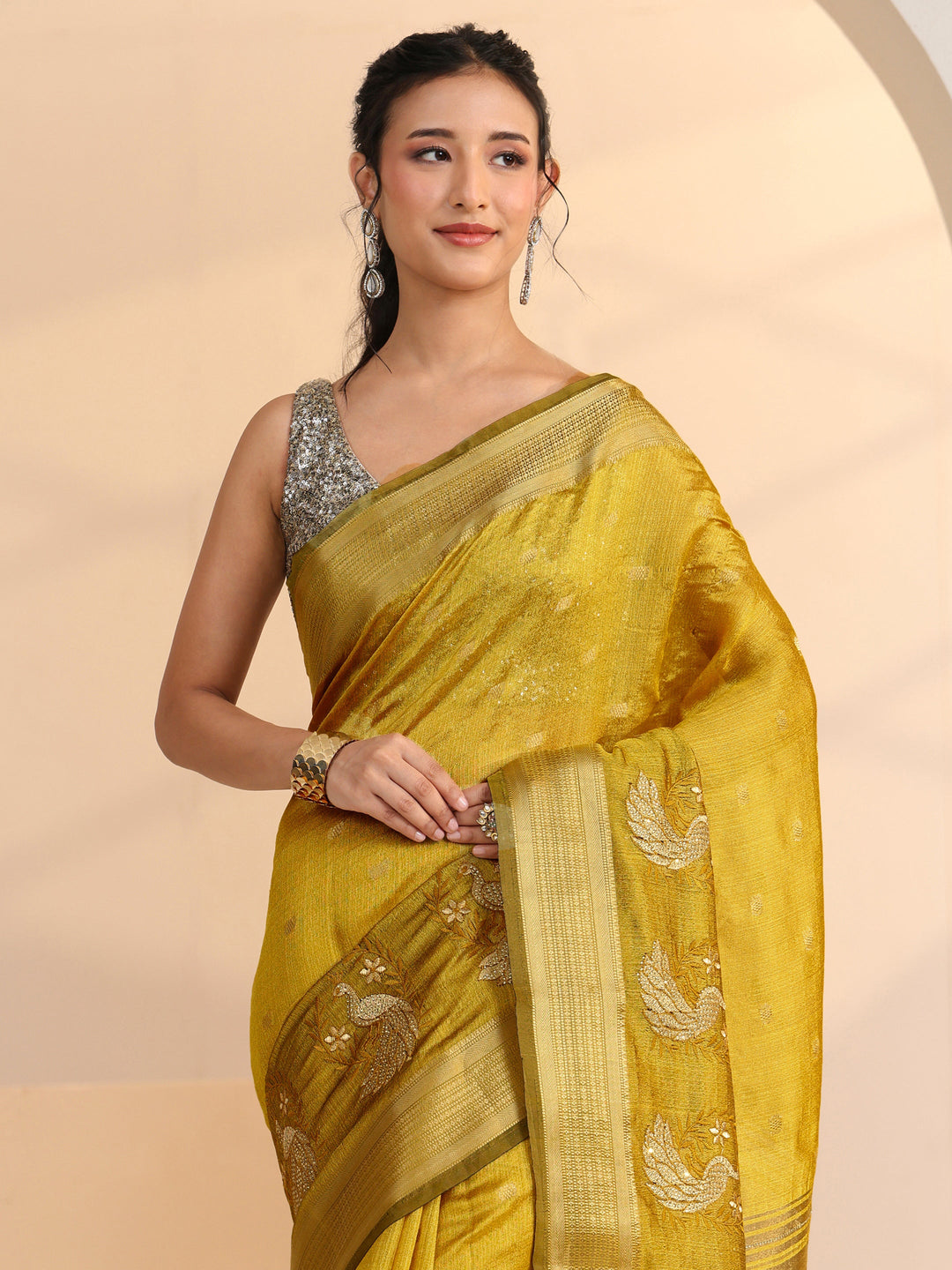  Libas Henna Green Peacock Motif Chanderi Silk Saree 