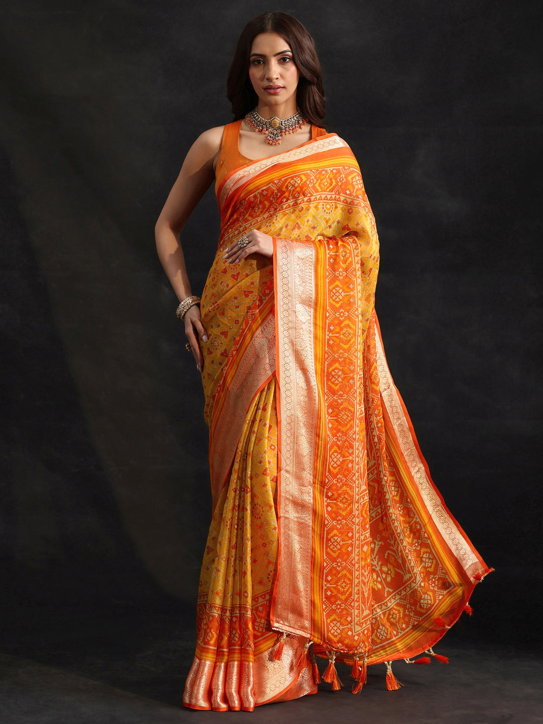  Libas Mustard Patola Printed Chanderi Silk Saree 