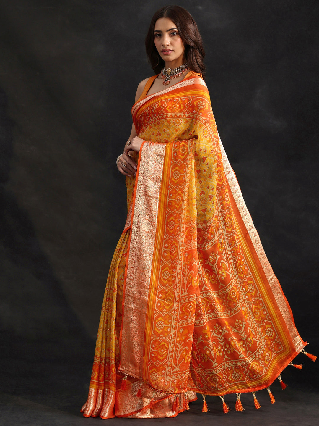 Libas Mustard Patola Printed Chanderi Silk Saree 