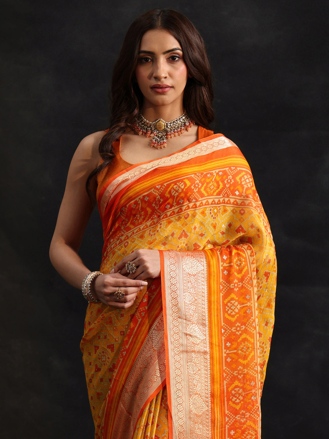  Libas Mustard Patola Printed Chanderi Silk Saree 