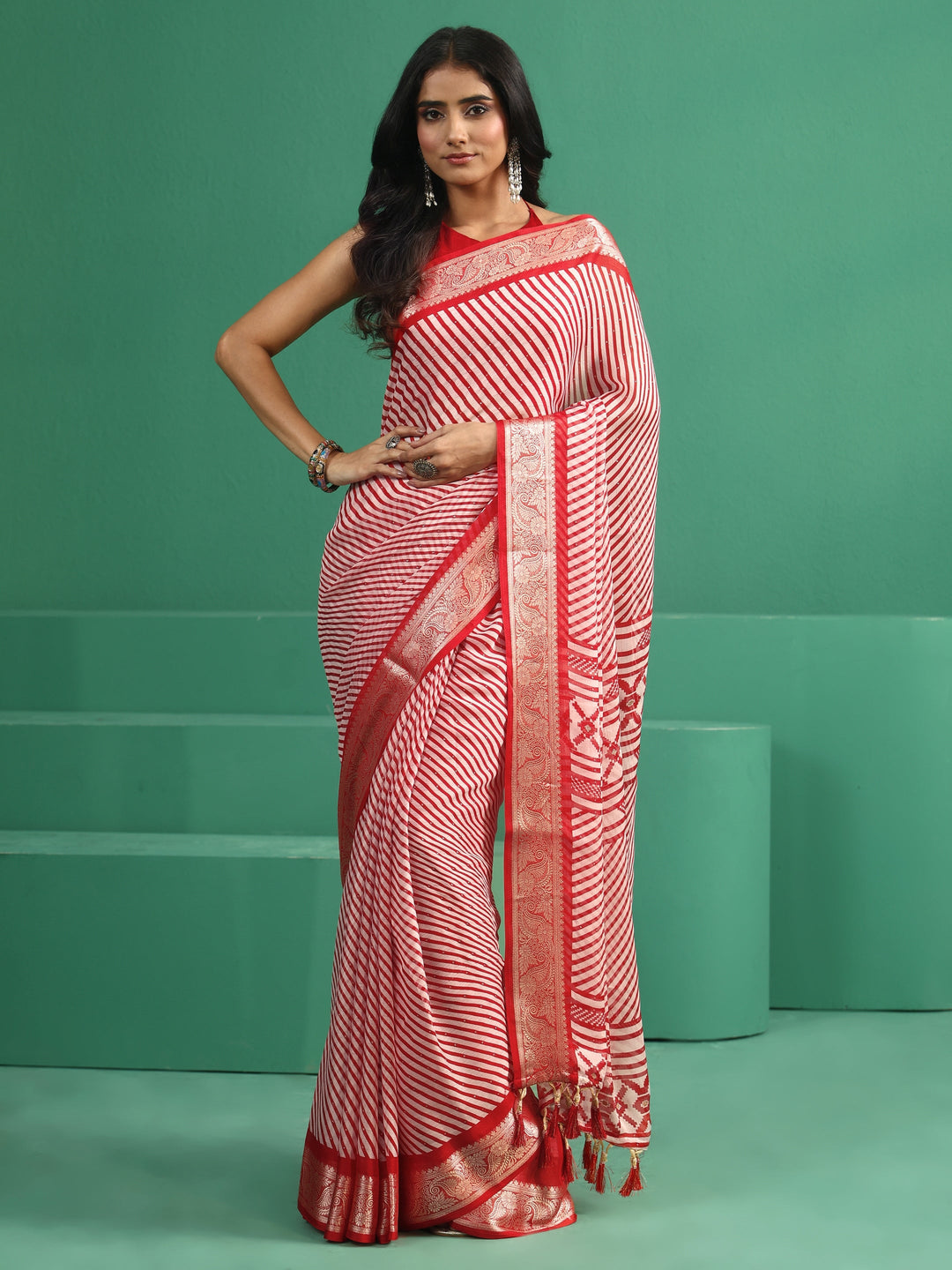  Libas Red Striped Chiffon Saree 