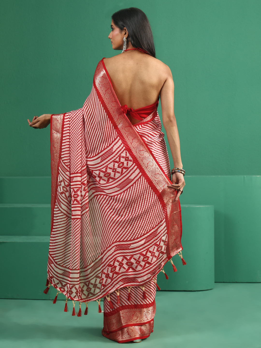  Libas Red Striped Chiffon Saree 