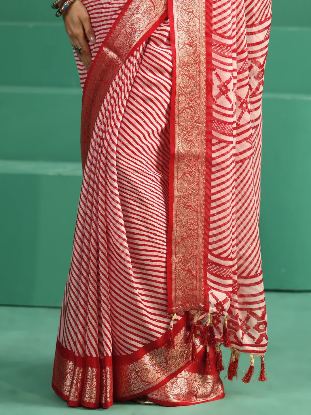 Libas Red Striped Chiffon Saree 
