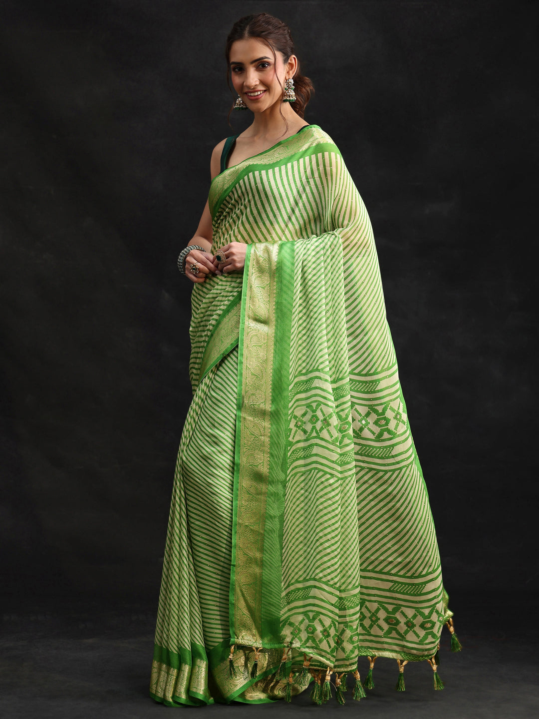  Libas Forest Green Striped Chiffon Saree with Paisley Border 