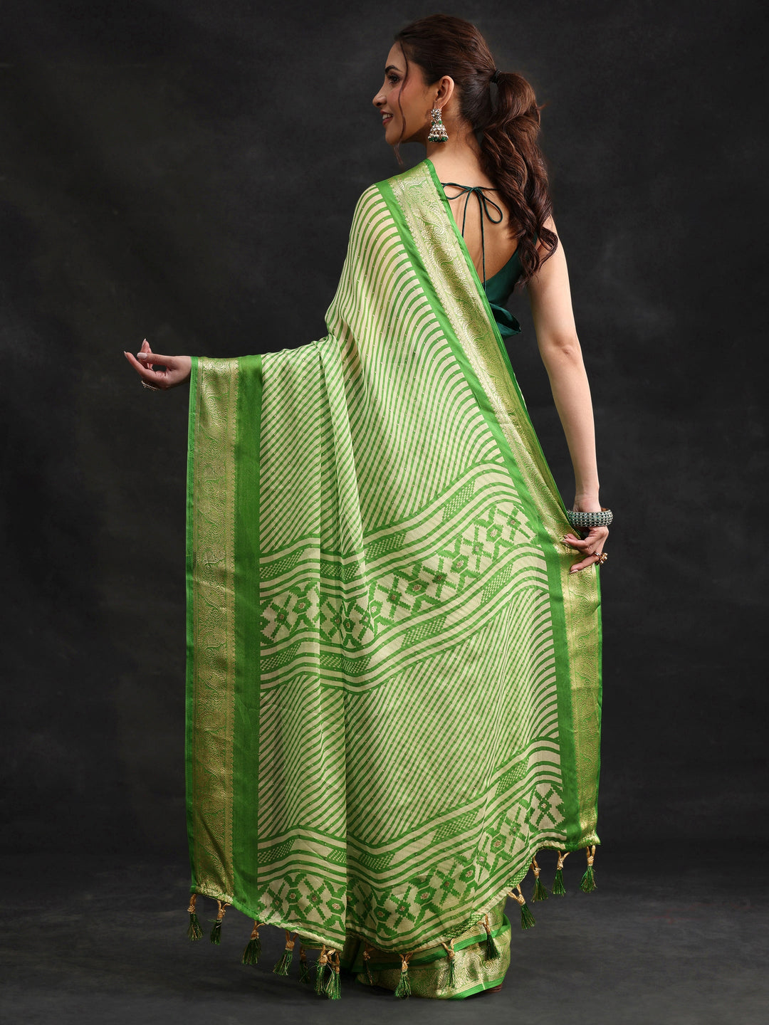  Libas Forest Green Striped Chiffon Saree with Paisley Border 