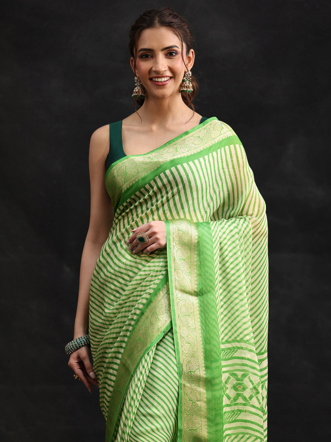  Libas Forest Green Striped Chiffon Saree with Paisley Border 