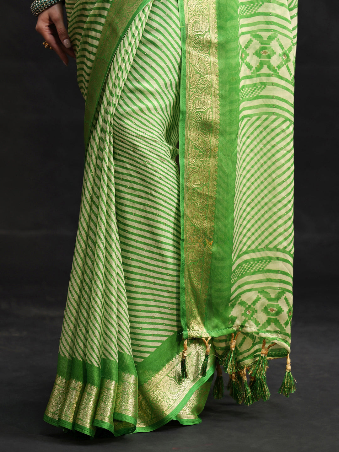  Libas Forest Green Striped Chiffon Saree with Paisley Border 