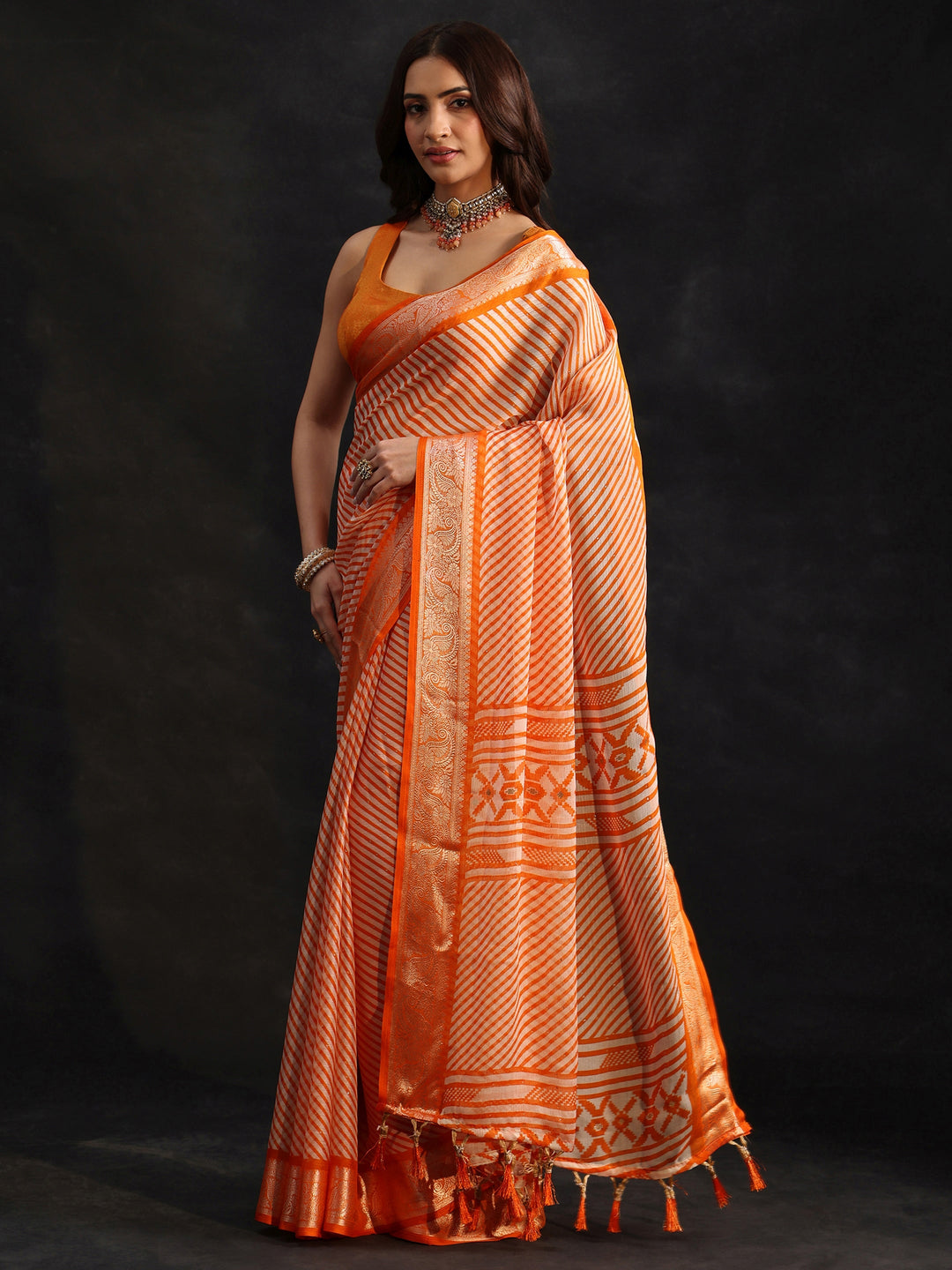  Libas Orange Striped Chiffon Saree with Paisley Border 