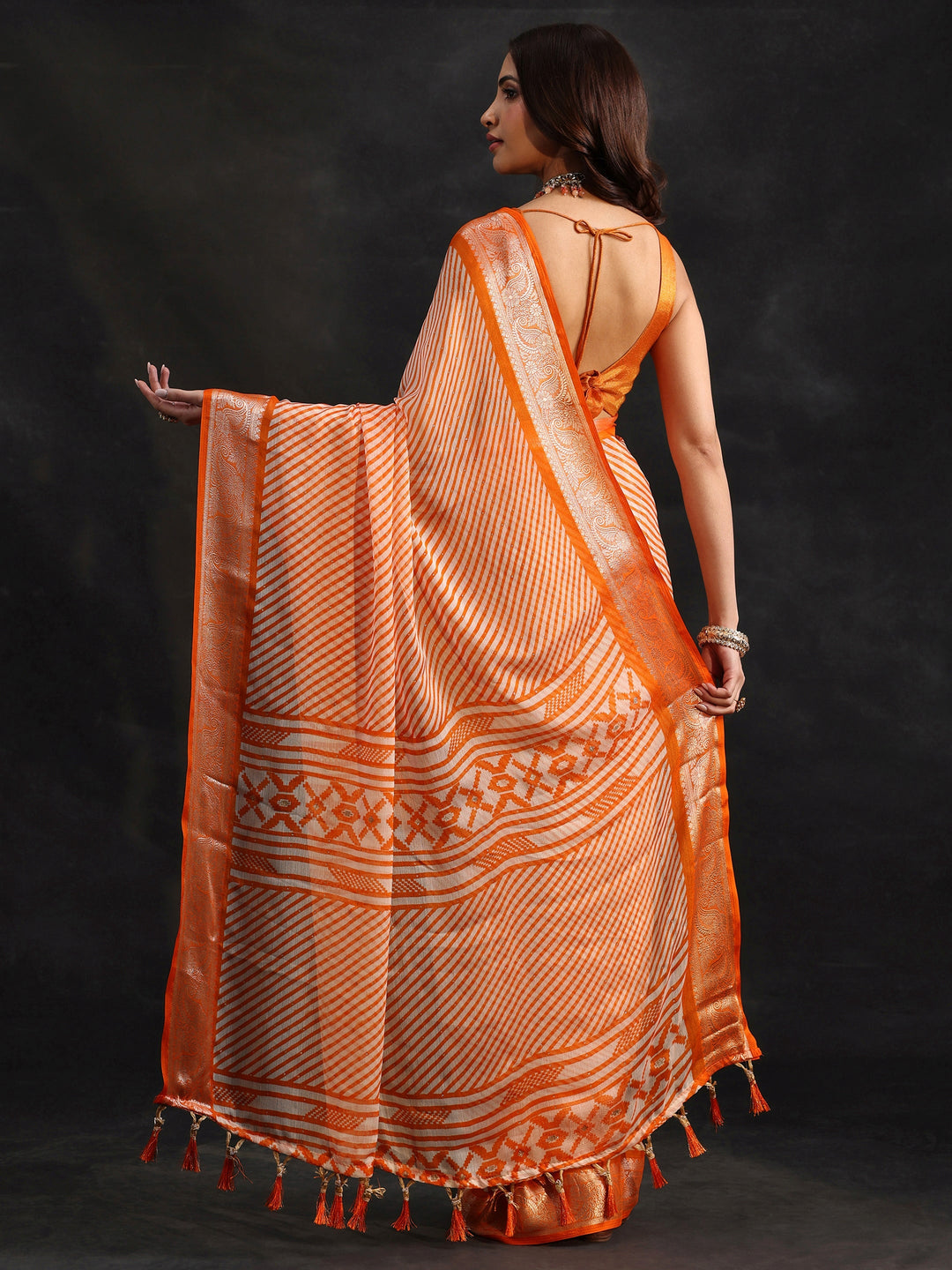  Libas Orange Striped Chiffon Saree with Paisley Border 