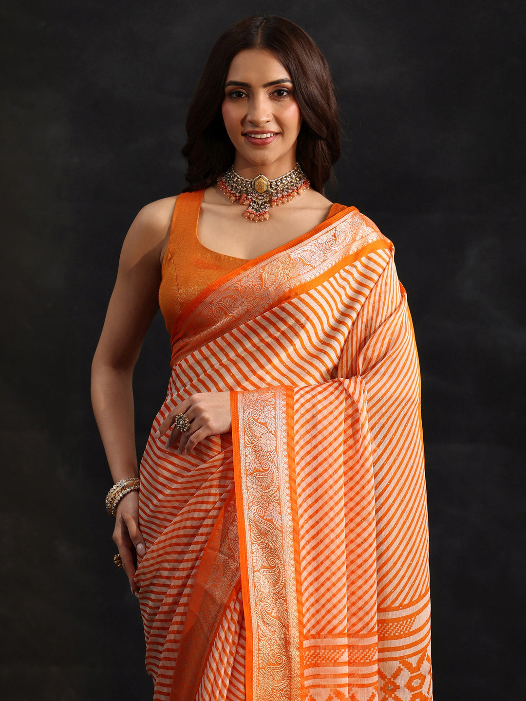  Libas Orange Striped Chiffon Saree with Paisley Border 