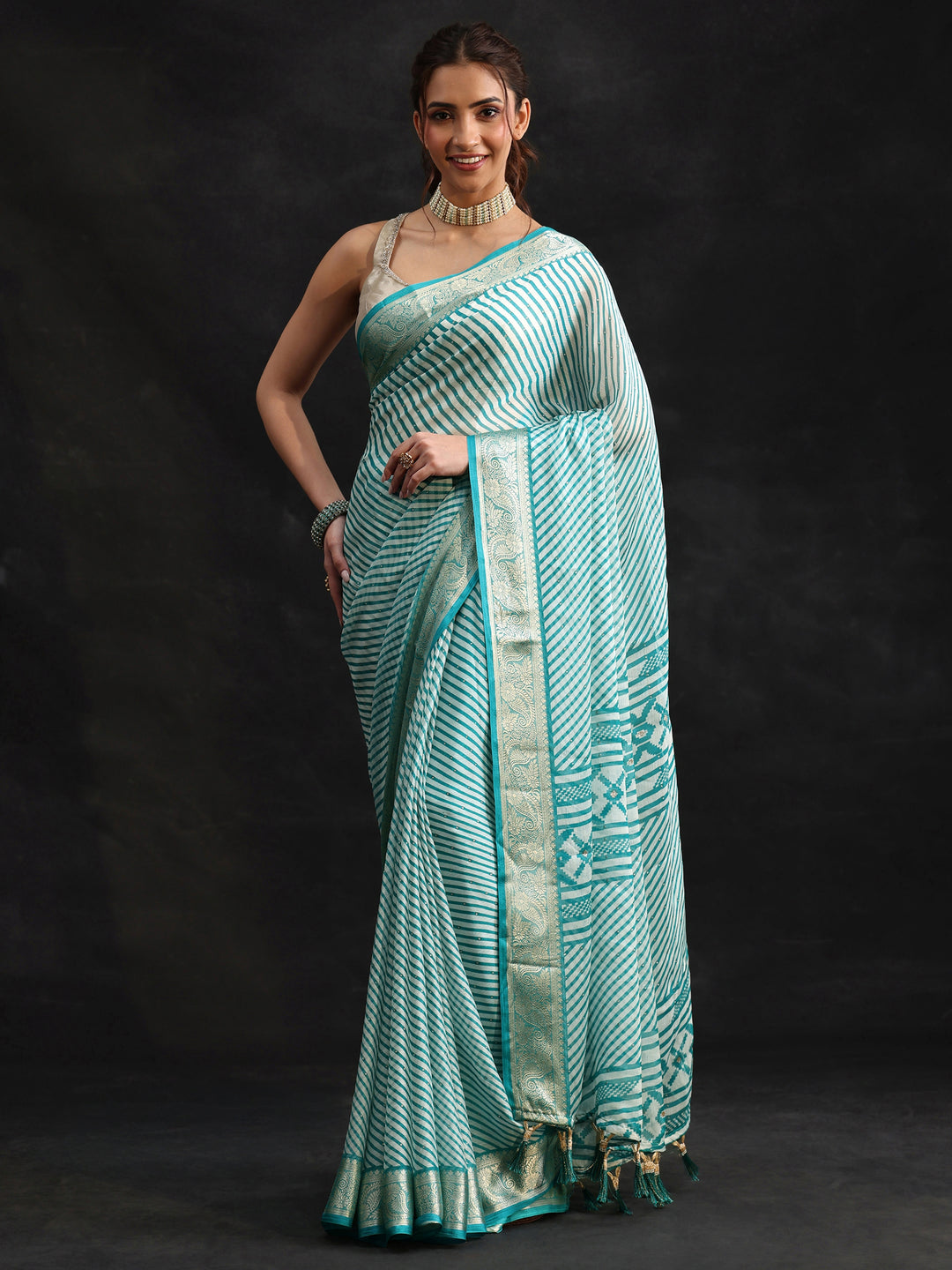  Libas Cyan Blue Striped Chiffon Saree with Paisley Border 
