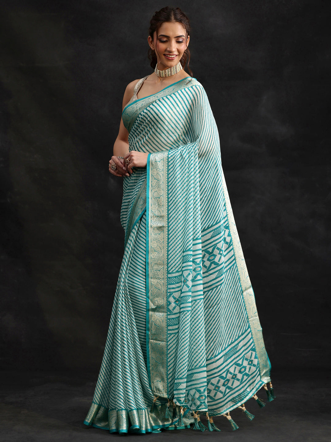  Libas Cyan Blue Striped Chiffon Saree with Paisley Border 