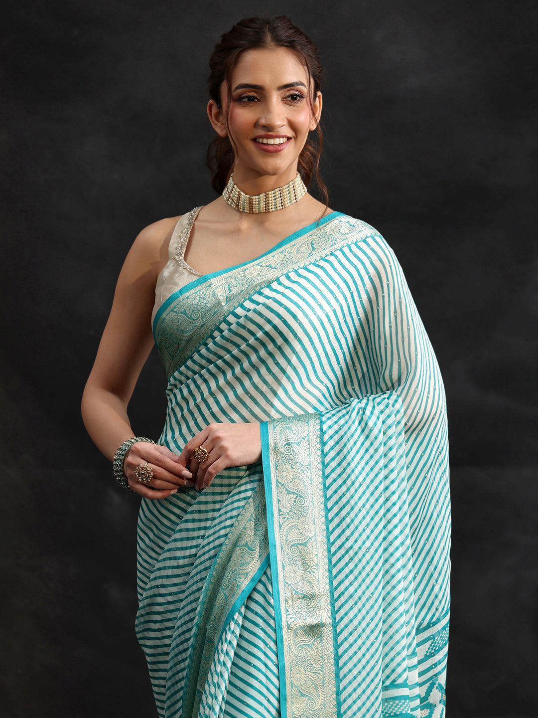  Libas Cyan Blue Striped Chiffon Saree with Paisley Border 