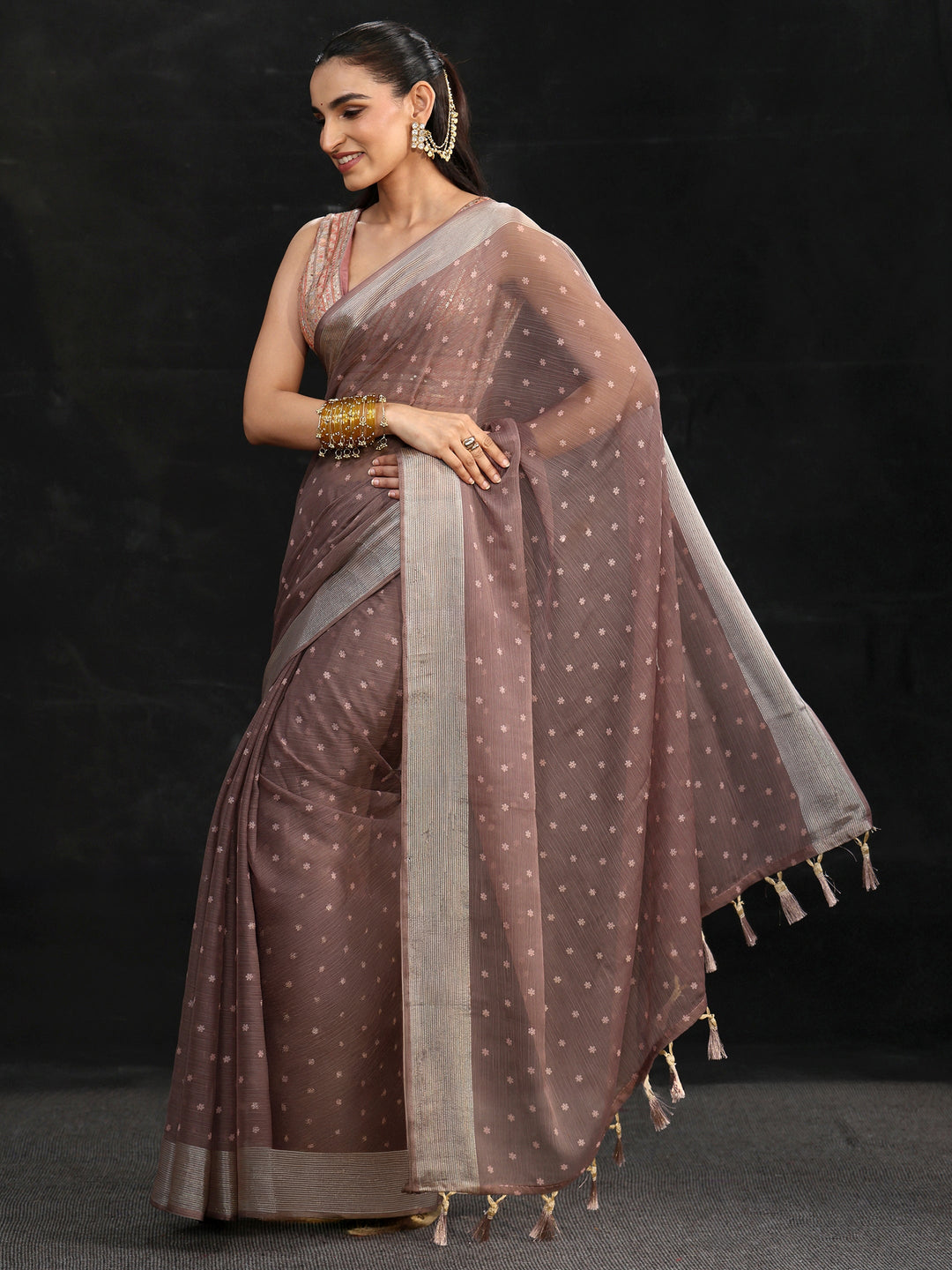  Libas Brown Floral Printed Chiffon Saree 
