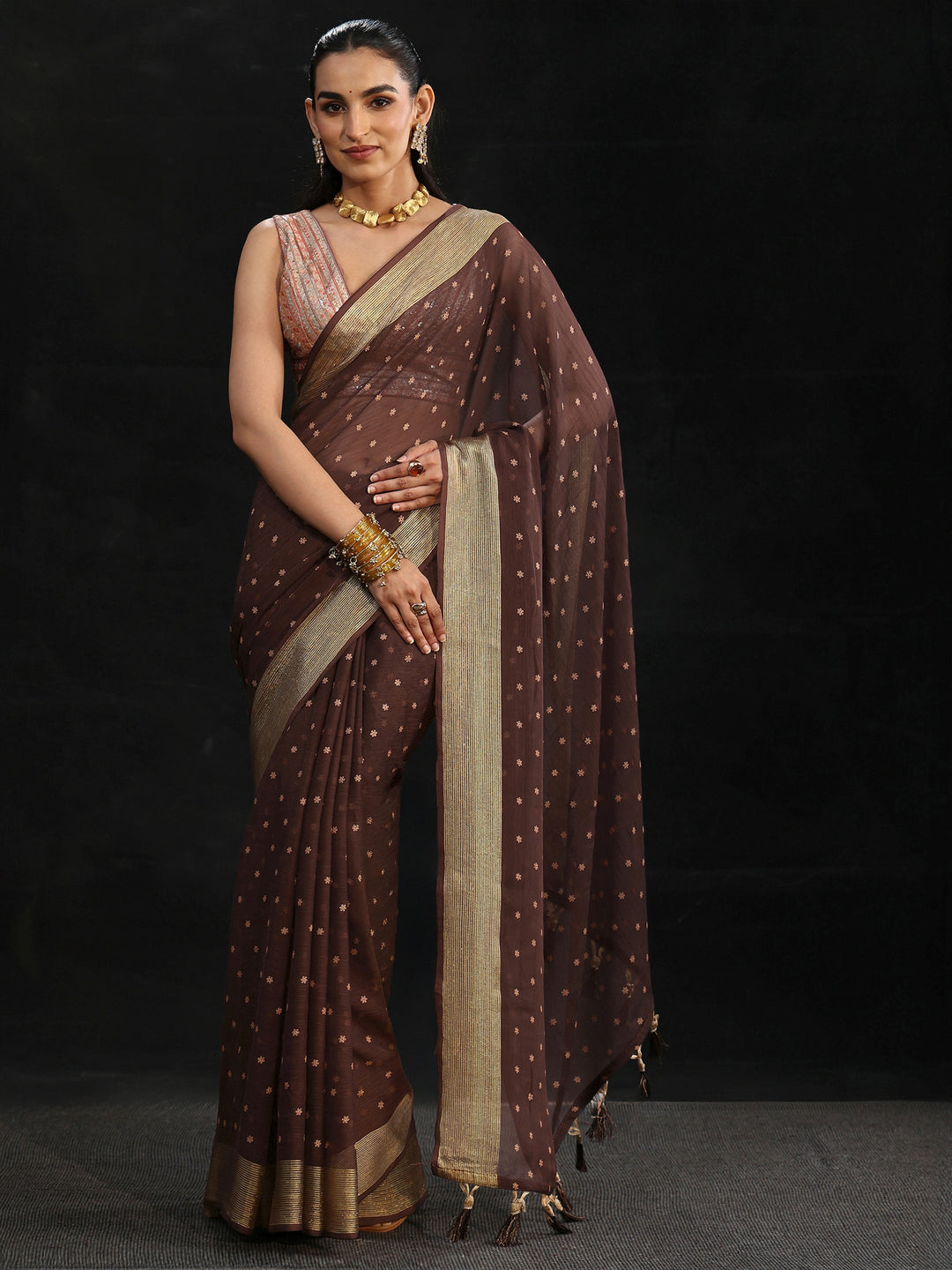  Libas Chocolate Brown Floral Printed Chiffon Saree 