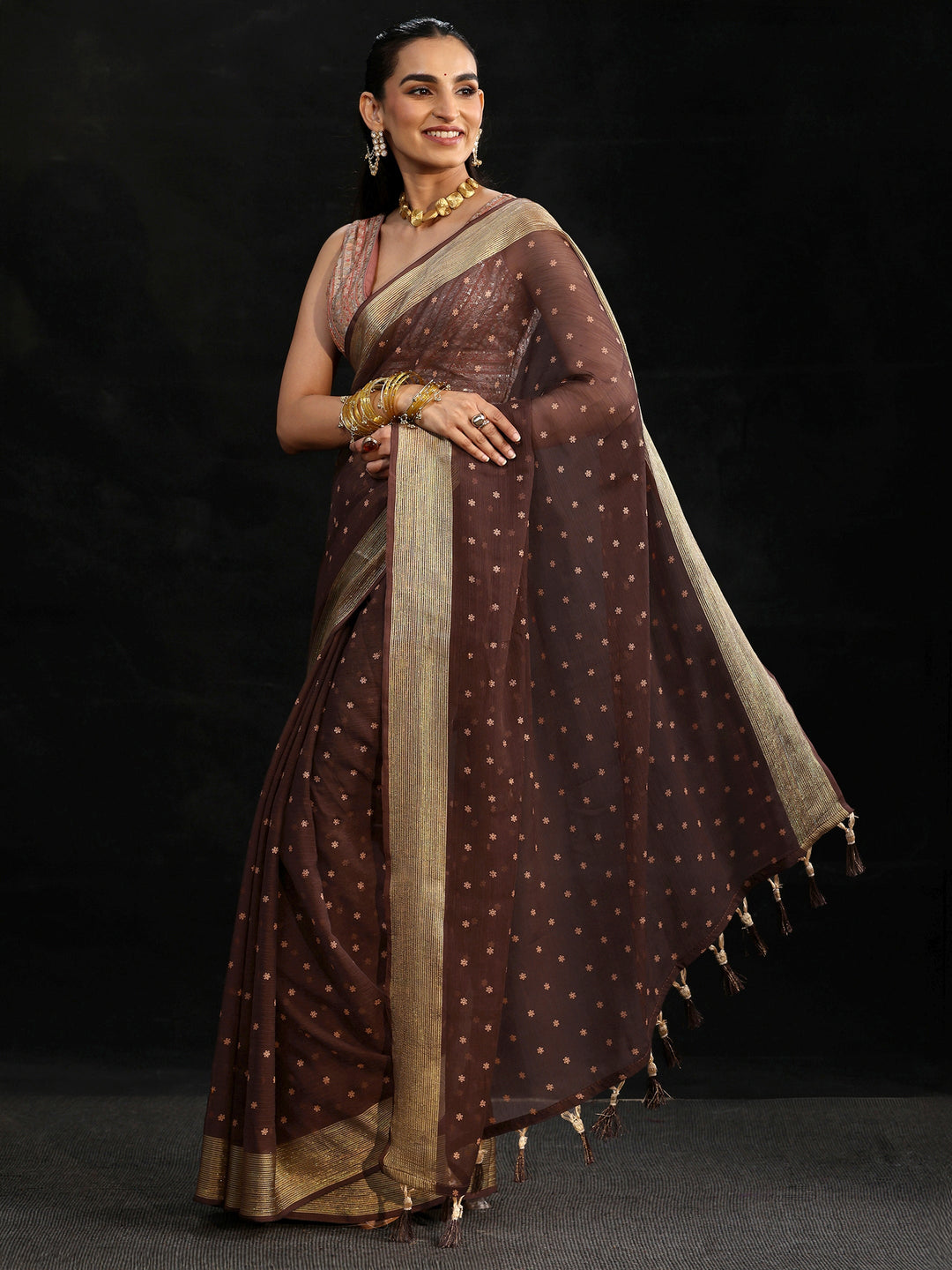  Libas Chocolate Brown Floral Printed Chiffon Saree 