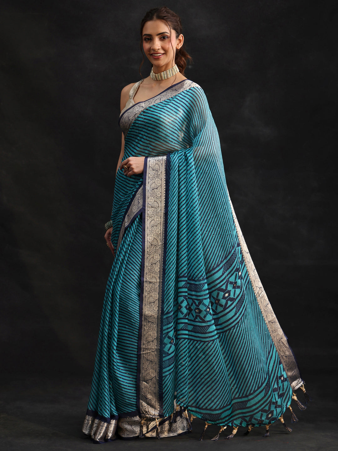  Libas Navy Blue Striped Chiffon Saree with Paisley Border 