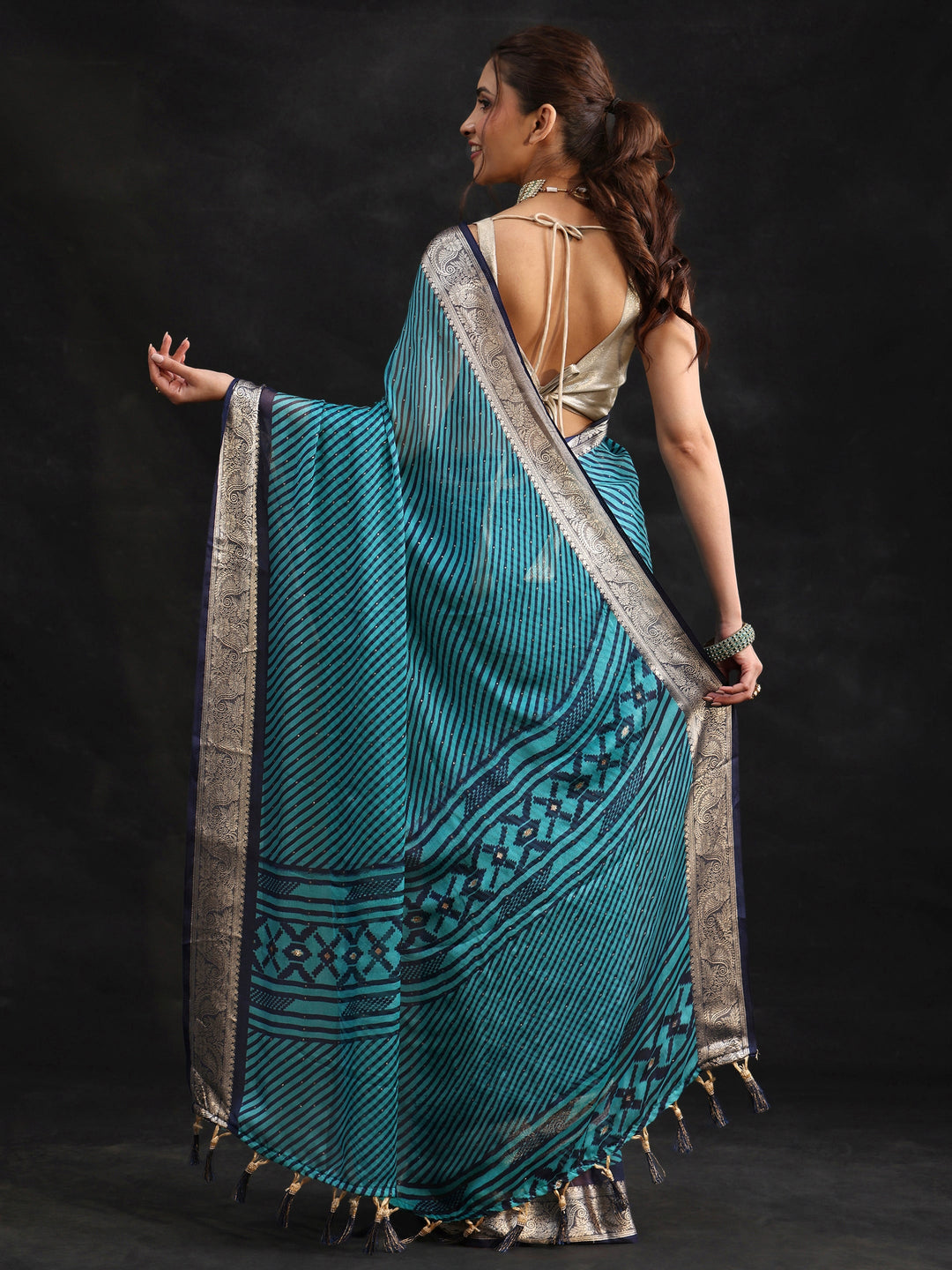  Libas Navy Blue Striped Chiffon Saree with Paisley Border 