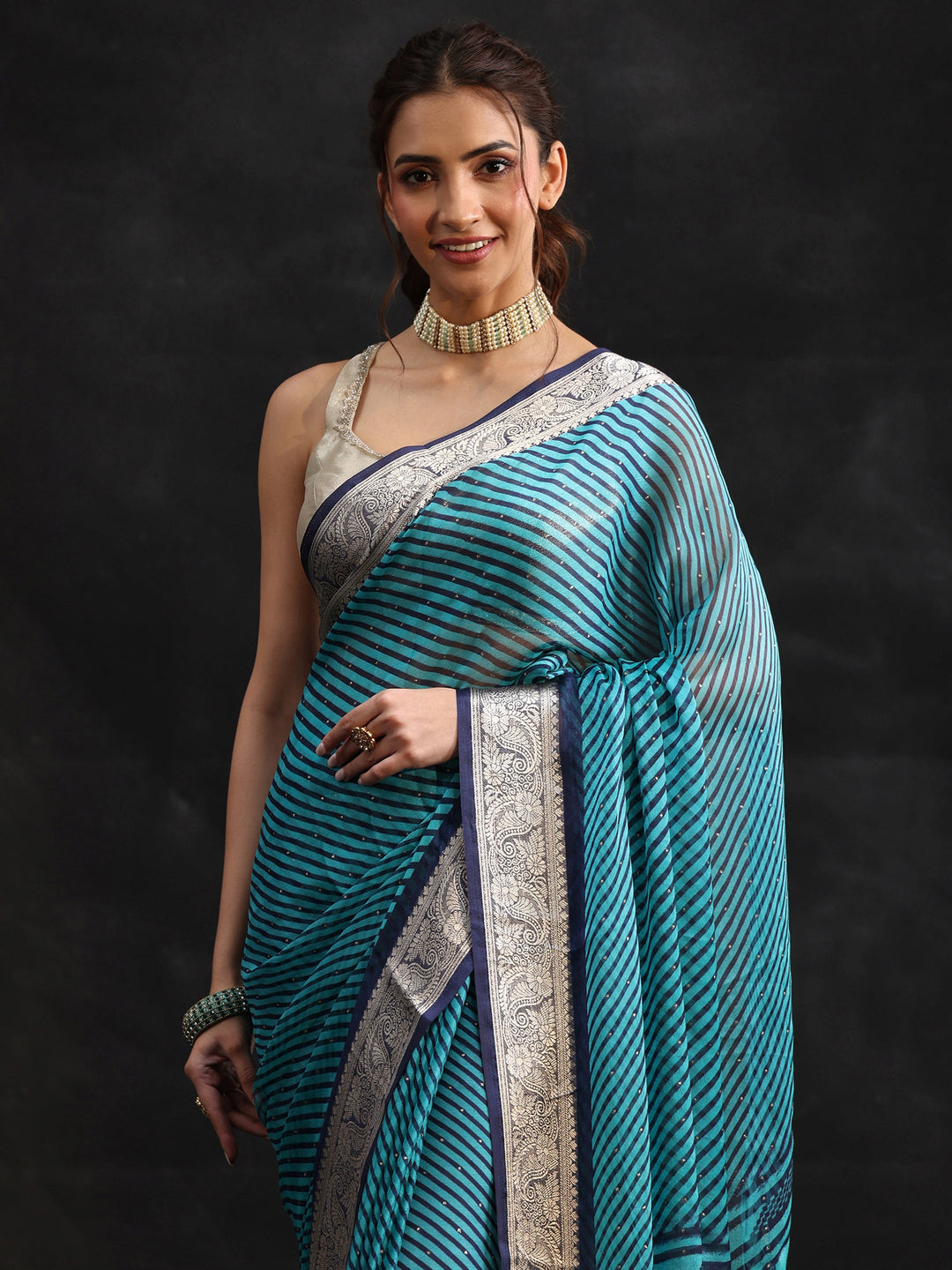  Libas Navy Blue Striped Chiffon Saree with Paisley Border 