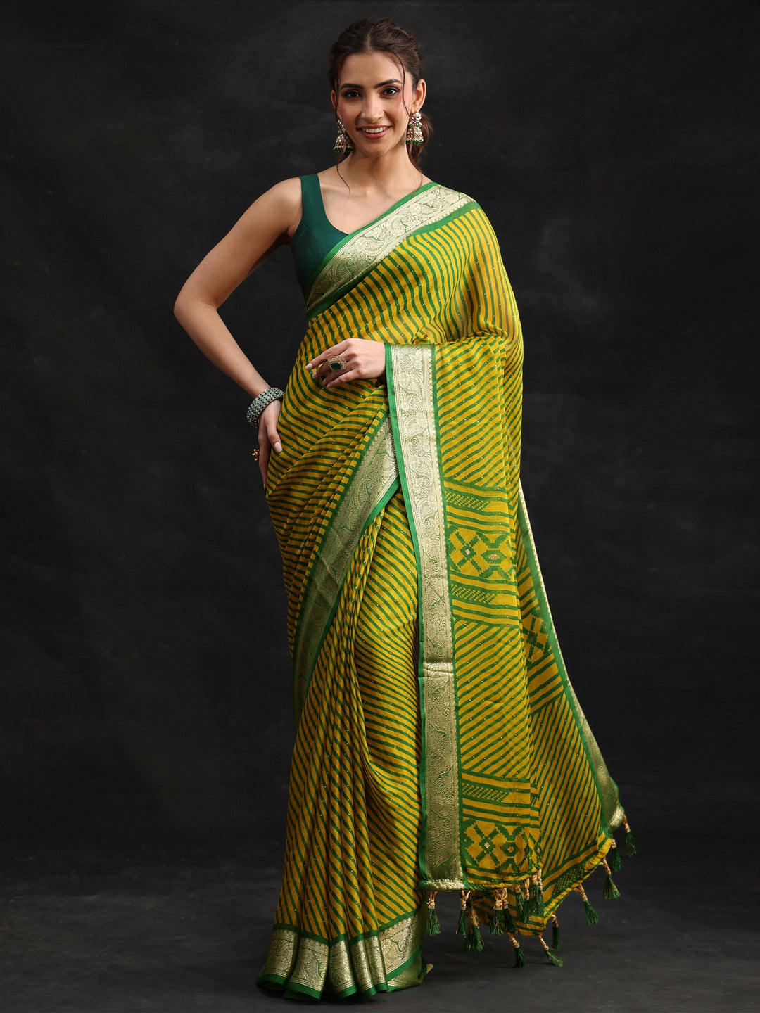  Libas Green Striped Chiffon Saree with Paisley Border 
