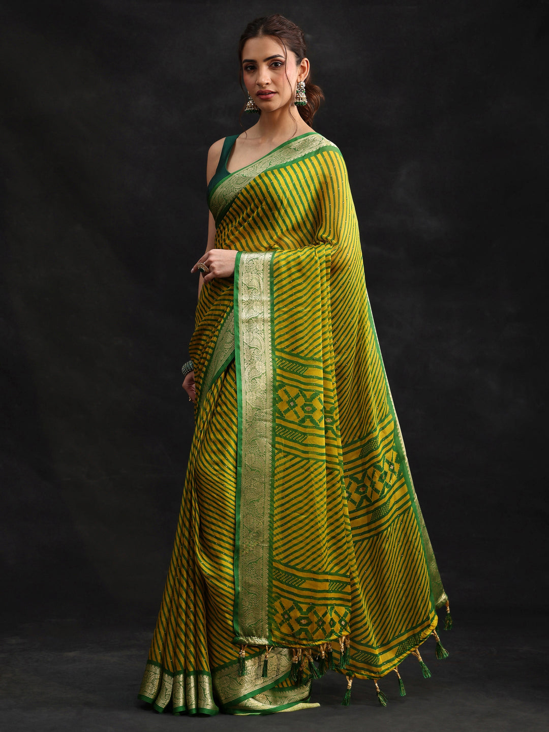  Libas Green Striped Chiffon Saree with Paisley Border 