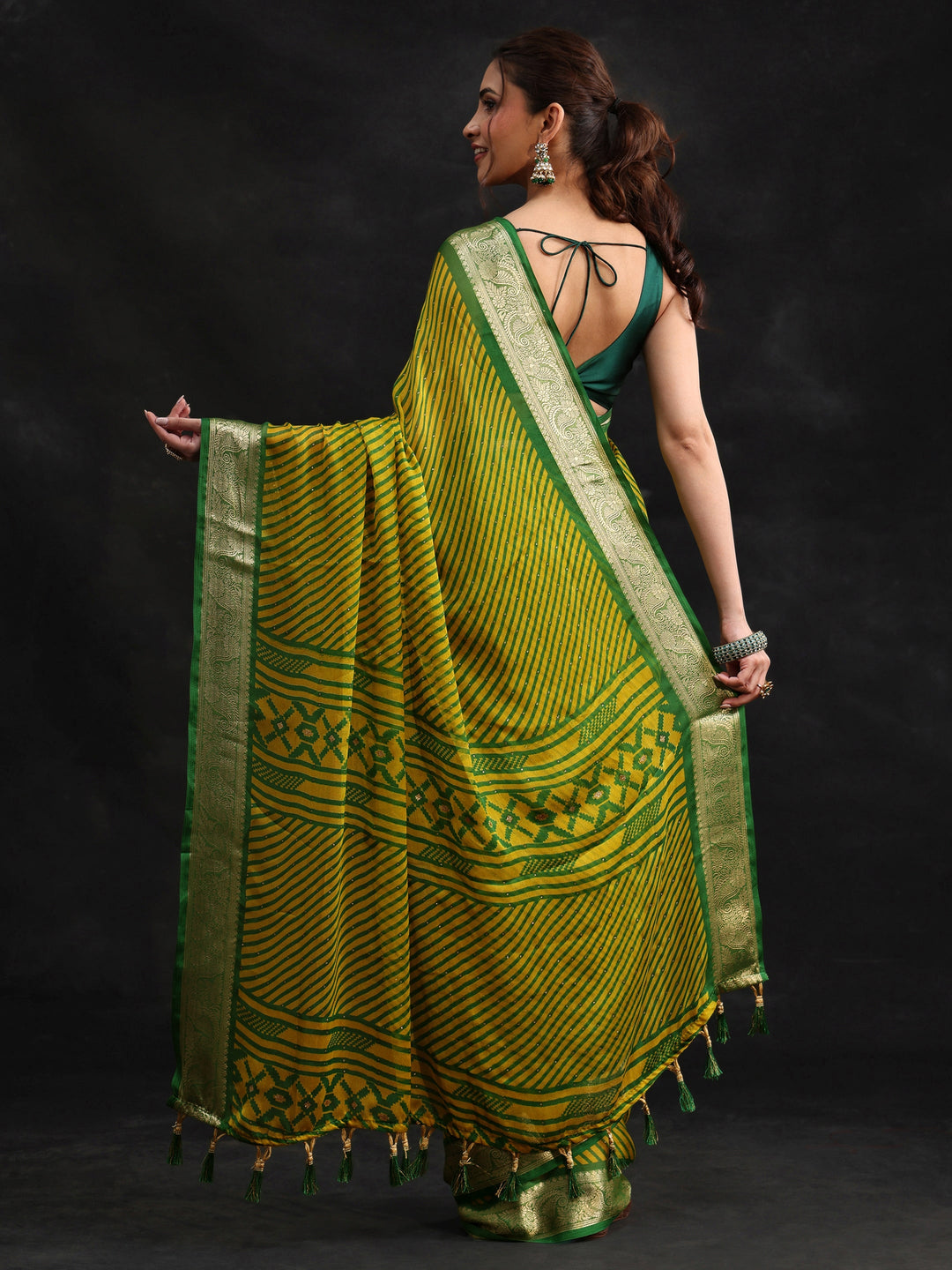  Libas Green Striped Chiffon Saree with Paisley Border 