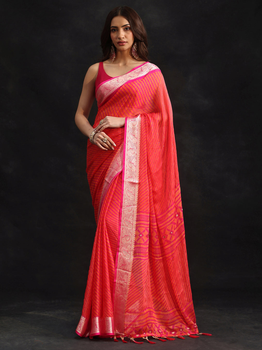  Libas Pink Striped Chiffon Saree with Paisley Border 