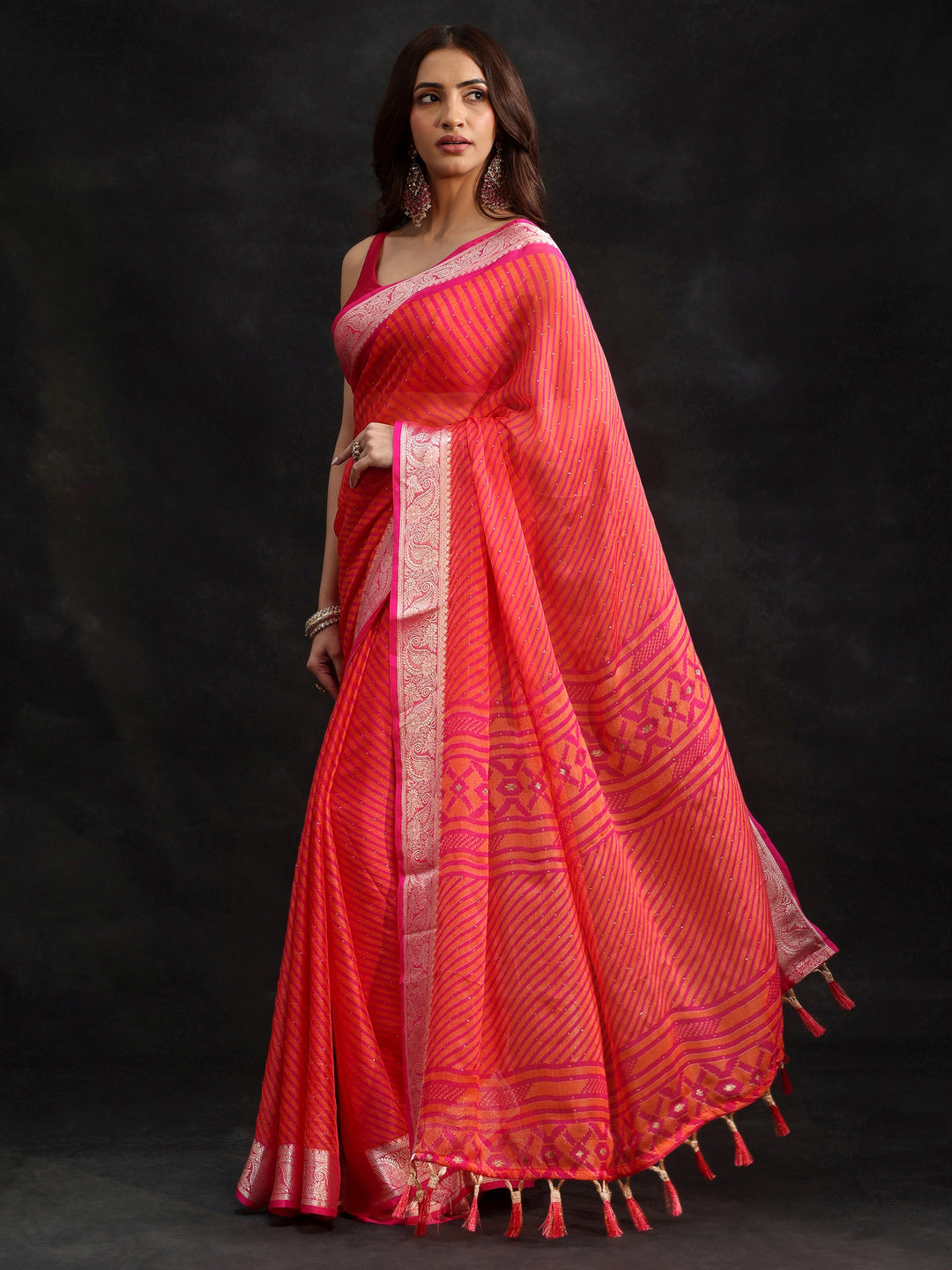  Libas Pink Striped Chiffon Saree with Paisley Border 