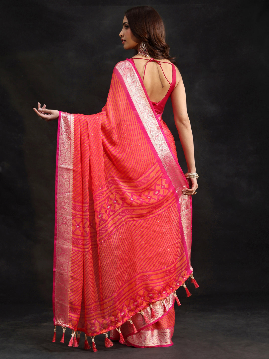  Libas Pink Striped Chiffon Saree with Paisley Border 