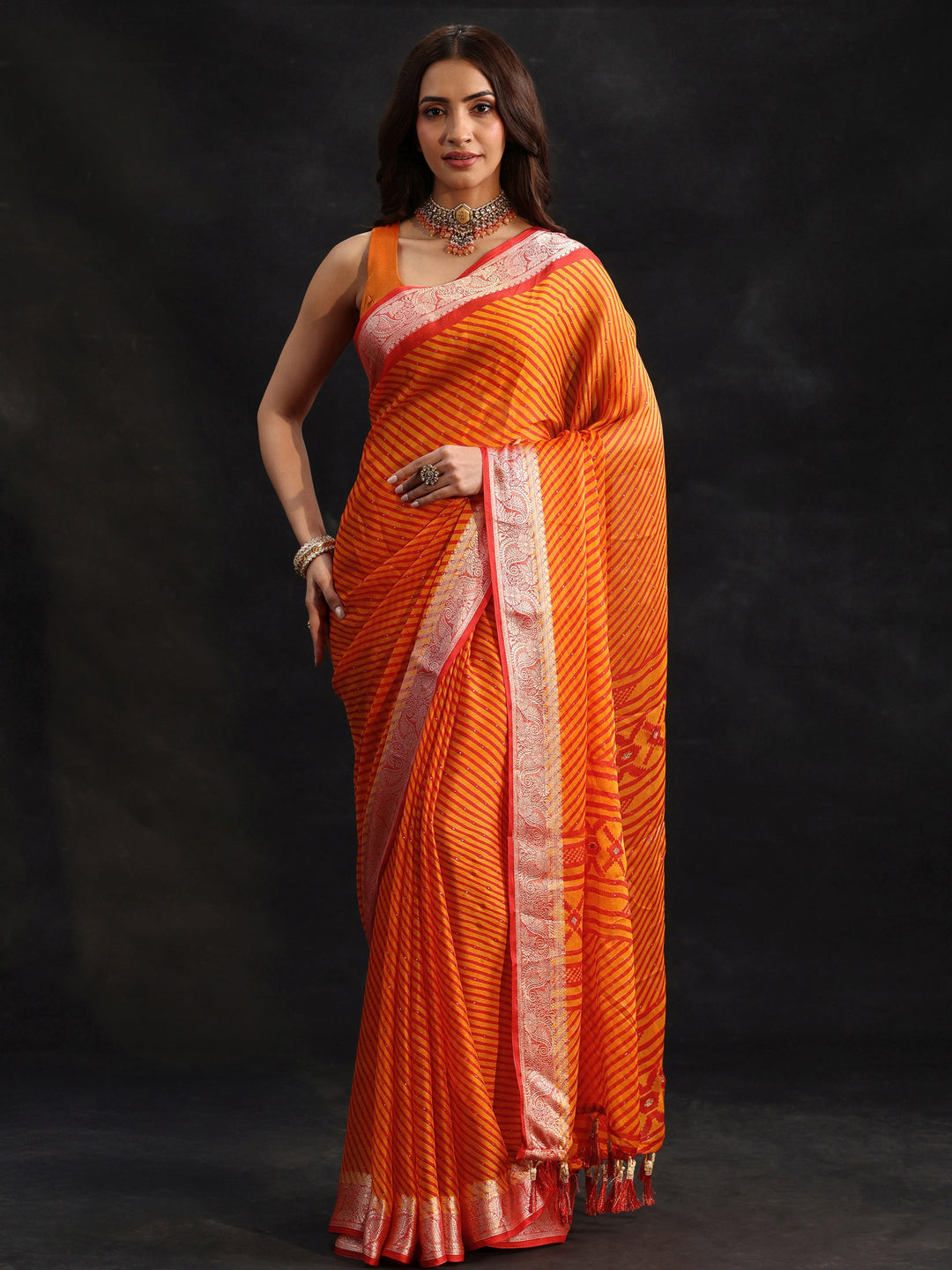  Libas Orange Striped Chiffon Saree with Paisley Border 