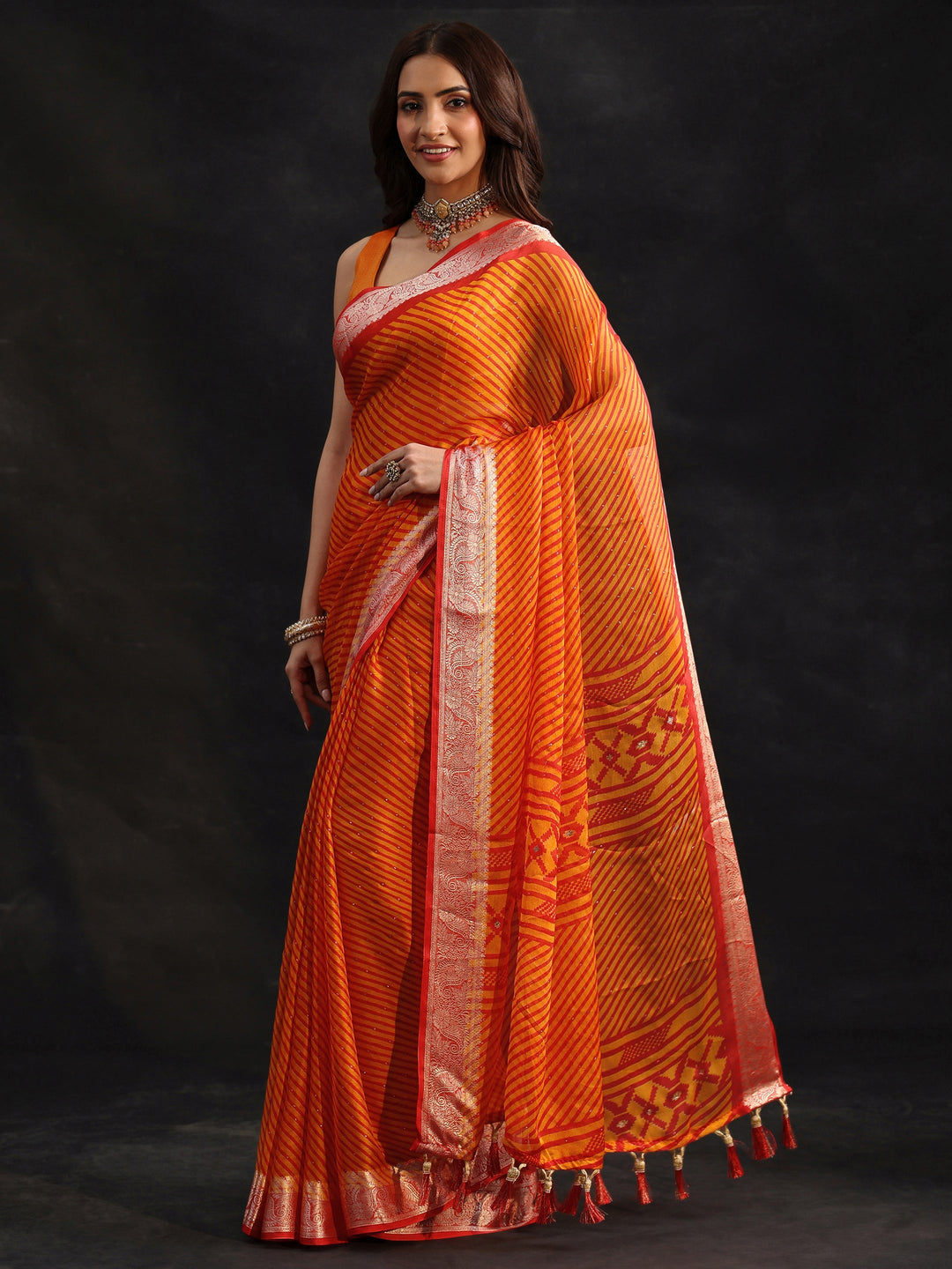  Libas Orange Striped Chiffon Saree with Paisley Border 