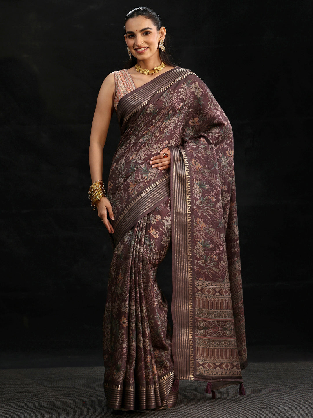  Libas Purple Floral Woven Design Silk Blend Saree 