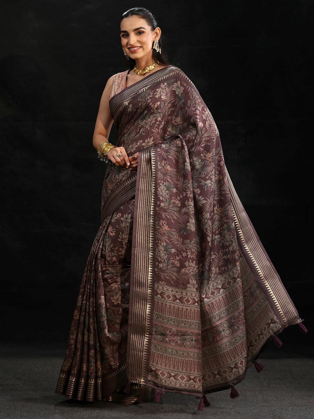  Libas Purple Floral Woven Design Silk Blend Saree 