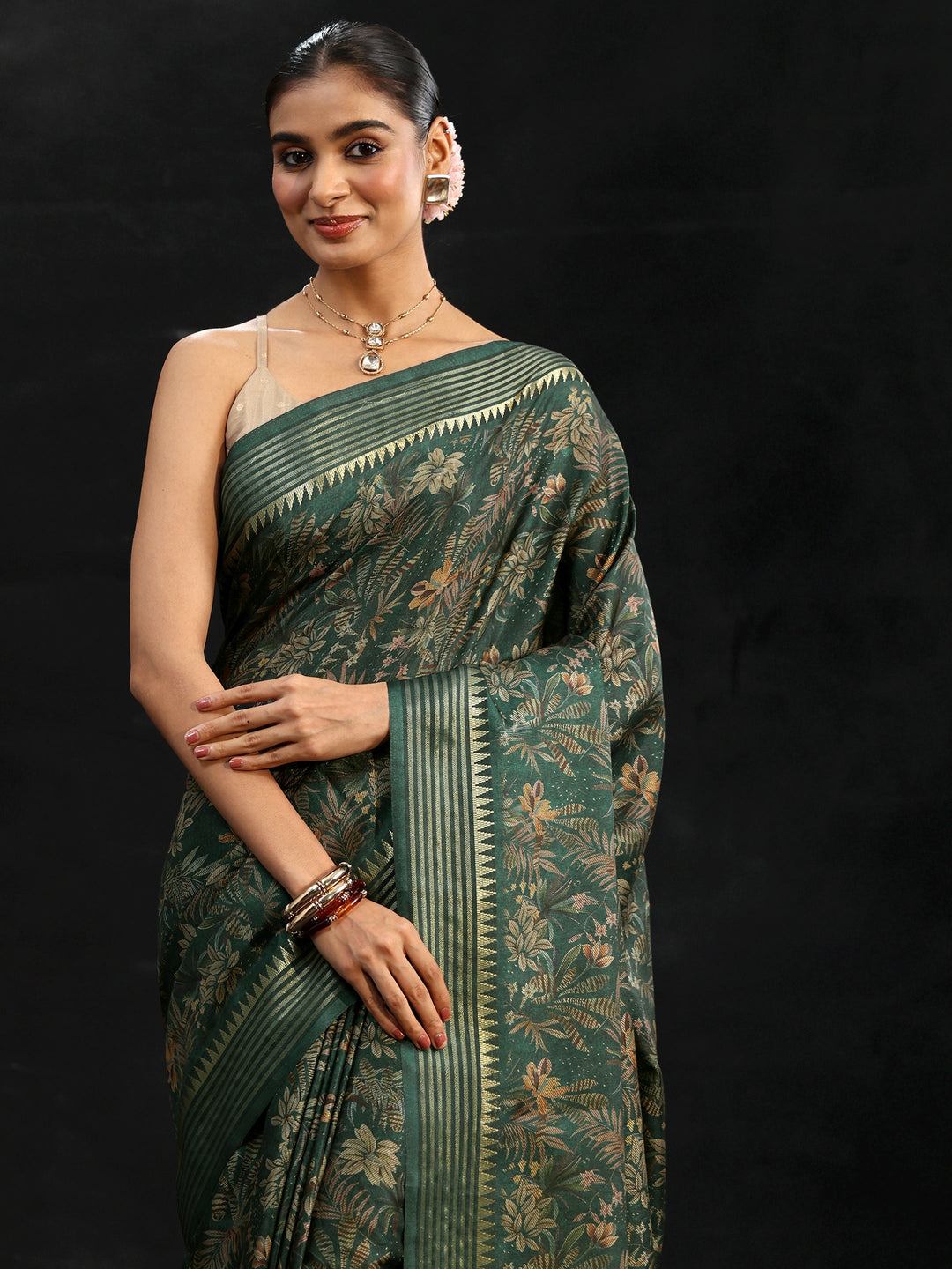  Libas Green Floral Woven Design Silk Blend Saree 