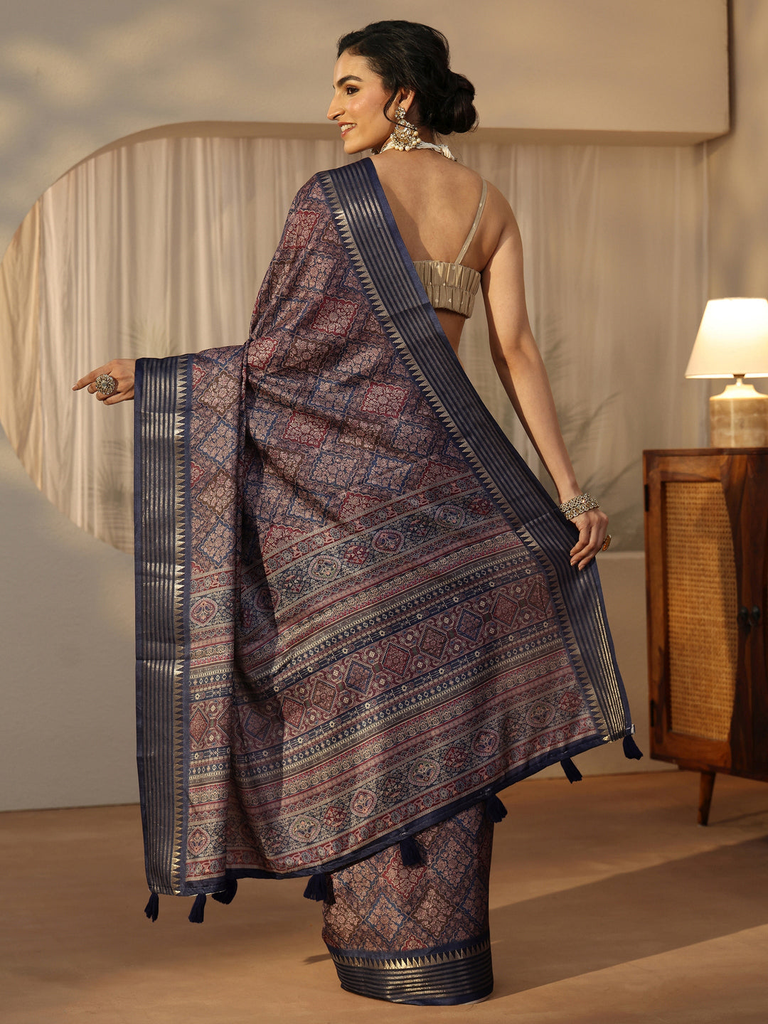 Libas Navy Floral Printed Silk Blend Saree with Temple Border 