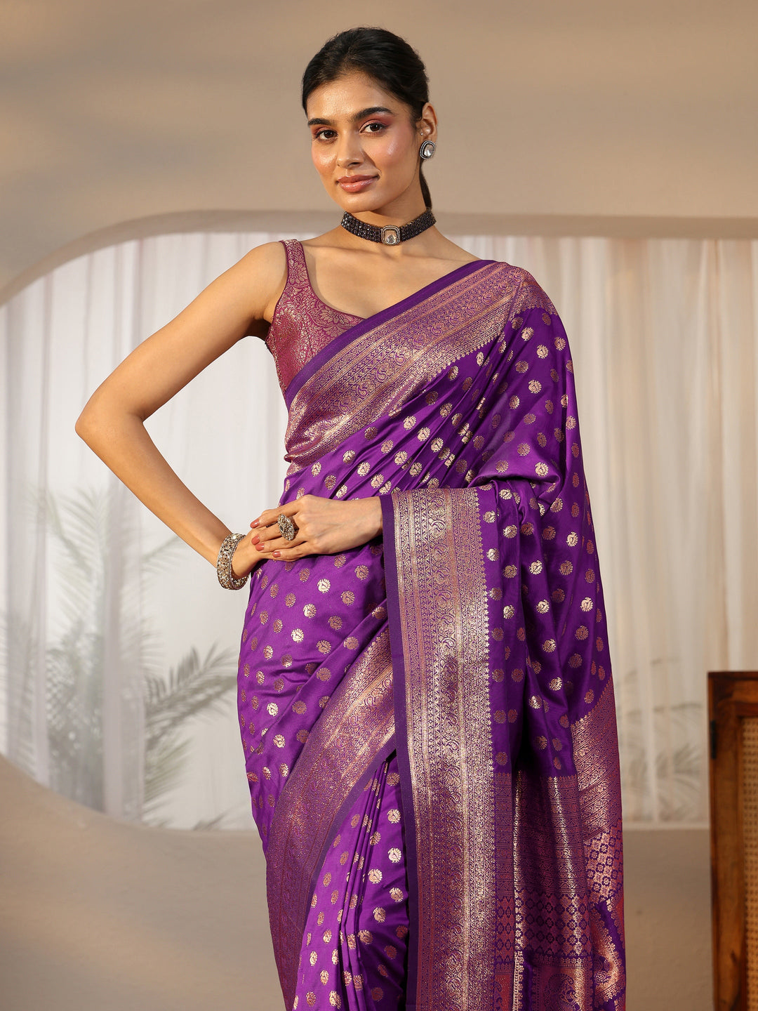  Libas Plum Purple Banarasi Silk Blend Saree 